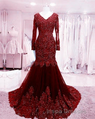 Long Sleeves V-neck Lace Evening Prom Mermaid Dress,Women Evening Prom Dress