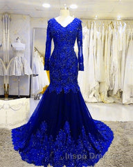 Long Sleeves V-neck Lace Evening Prom Mermaid Dress,Women Evening Prom Dress