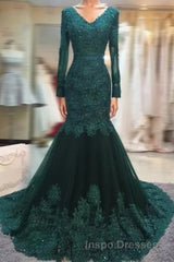 Long Sleeves V-neck Lace Evening Prom Mermaid Dress,Women Evening Prom Dress