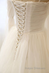 Long Sleeves White Tulle Evening Prom Wedding Dress, Long Sleeves White Tulle Formal Evening Dress