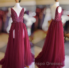 Long Tulle V-neck Evening Prom Dress Sequin Beaded Evening Prom Gowns