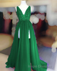 Long Tulle V-neck Evening Prom Dress Sequin Beaded Evening Prom Gowns