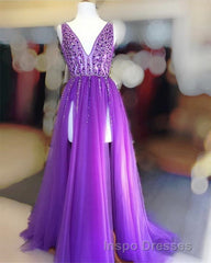 Long Tulle V-neck Evening Prom Dress Sequin Beaded Evening Prom Gowns