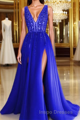 Long Tulle V-neck Evening Prom Dress Sequin Beaded Evening Prom Gowns