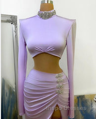 Long Two Piece Mermaid High Neck Split Evening Prom Dress with Sleeves