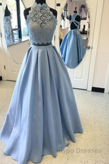 Long Two Piece Evening Prom Dress Lace High Neck Open Back