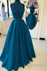 Long Two Piece Evening Prom Dress Lace High Neck Open Back