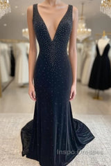 Long Velvet Black Evening Prom Dress Straps Crystals V Neck Formal Dress Gowns
