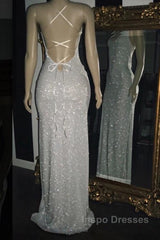 Long White Sequin Evening Prom Dress Cross Back Halter Evening Gown