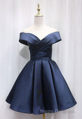 A-Line Satin Off the Shoulder Short Evening Prom Dress, Mini Evening Prom Party Dress