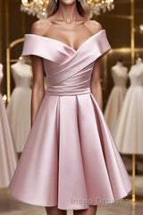 A-Line Satin Off the Shoulder Short Evening Prom Dress, Mini Evening Prom Party Dress