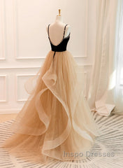Lovely Champagne A-Line Beaded Strap Party Dress, Tulle Layers Long Evening Prom Dress