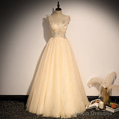 Lovely Champagne Sequins Long Party Dress, A-line Tulle Formal Dress