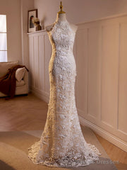 Lovely Lace Mermaid Halter Open Back Wedding Party Dress, Lace Long Formal Dress