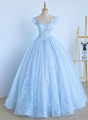 Lovely Light Blue Lace Cap Sleeve Sweet 16 Prom Dress, Evening Dress