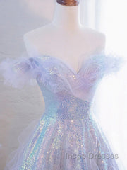 Lovely Off Shoulder A-Line Tulle And Sequins Evening Prom Dress, Sweetheart Long Evening Dress