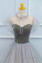 Lovely Velvet And Tulle Floor Length Evening Prom Dress, Gray A-Line Formal Evening Dress
