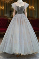 Lovely Velvet And Tulle Floor Length Evening Prom Dress, Gray A-Line Formal Evening Dress