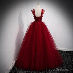 Lovely Wine Red Princess Tulle Beaded Long Party Dress, Dark Red Formal Gown