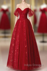 Lovely Wine Red Tulle Sweetheart Off Shoulder Evening Prom Dress, Wine Red Long Party Dress