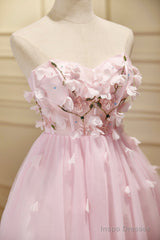 Pink Tulle Short Prom Dress, Pink A-Line Strapless Homecoming Dress