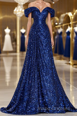 A-Line Evening Prom Gown Elegant Dress Formal Wedding Guest Sweep / Brush Train Sleeveless Off Shoulder Sequined with Glitter Sequin Masquerade Dress