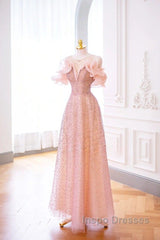 Luxurious A Line Off The Shoulder Pink Tulle Long Evening Prom Dress