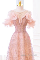 Luxurious A Line Off The Shoulder Pink Tulle Long Evening Prom Dress