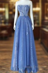 Luxurious A Line Strapless Blue Long Evening Prom Dress