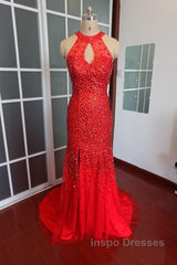 Luxurious Crystal Beaded Halter Mermaid Evening Dress Leg Split Evening Prom Gowns