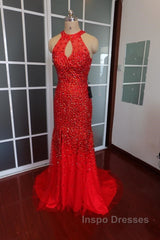Luxurious Crystal Beaded Halter Mermaid Evening Dress Leg Split Evening Prom Gowns