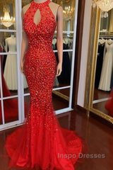 Luxurious Crystal Beaded Halter Mermaid Evening Dress Leg Split Evening Prom Gowns