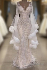 Luxurious Mermaid V-Neck Long Sleevess Crystal Floor Length Evening Prom Dress With Tassels