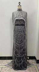 Luxury Pearls Beading Prom Dresses Sweep Train High Neck Zipper Sleeveless Evening Dresses