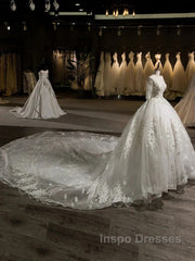 Luxury V-Neck Half Sleeves Tulle Applique With Beading Cathedral Train Ball Gown Wedding Dress