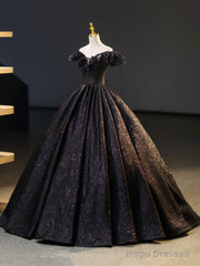 Black V-Neck Floor Length Formal Dress, A-Line Off the Shoulder Evening Party Dress