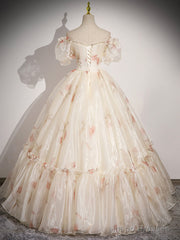 Champagne Floral Tulle Long Prom Dress, Beautiful Short Sleeve A-Line Evening Party Dress