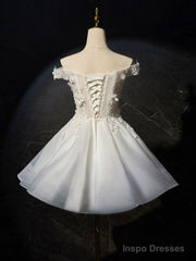 White Flowers Lace Short Prom Dress, Lovely A-Line Evening Party Dress