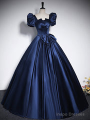 Elegant Blue Satin Floor-Length Prom Dresses, Square Neckline Puffy Short Sleeve Bow Formal Dresses