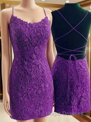 Mermaid Backless Purple Lace Evening Prom Dress, Mermaid Purple Homecoming Dress, Short Purple Lace Formal Evening Dress