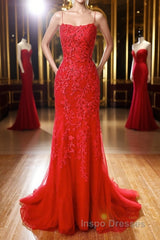 Mermaid Backless Red Lace Long Evening Prom Dress, Mermaid Red Formal Dress, Red Lace Evening Dress