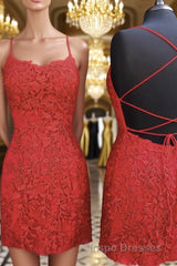 Mermaid Backless Short Red Lace Evening Prom Homecoming Dress, Mermaid Red Formal Dress, Red Lace Evening Dress