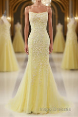 Mermaid Backless Yellow Lace Long Evening Prom Dress, Mermaid Yellow Formal Dress, Yellow Lace Evening Dress