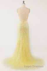 Mermaid Backless Yellow Lace Long Evening Prom Dress, Mermaid Yellow Formal Dress, Yellow Lace Evening Dress