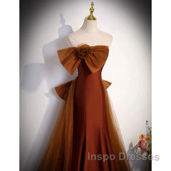 Mermaid Brown Tulle Satin Strapless Long Party Dress Formal Dress Evening Prom Dress