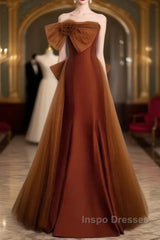Mermaid Brown Tulle Satin Strapless Long Party Dress Formal Dress Evening Prom Dress With Bow(S)