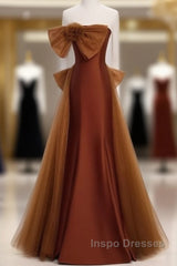 Mermaid Brown Tulle Satin Strapless Long Party Dress Formal Dress Evening Prom Dress