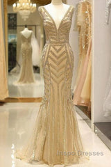 Mermaid Deep V-Neck Gold Beaded Evening Prom Dress