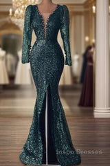 Mermaid Green Long Sleeve Sequin Evening Prom Dress