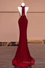 Mermaid Halter Burgundy Long Evening Prom Dress